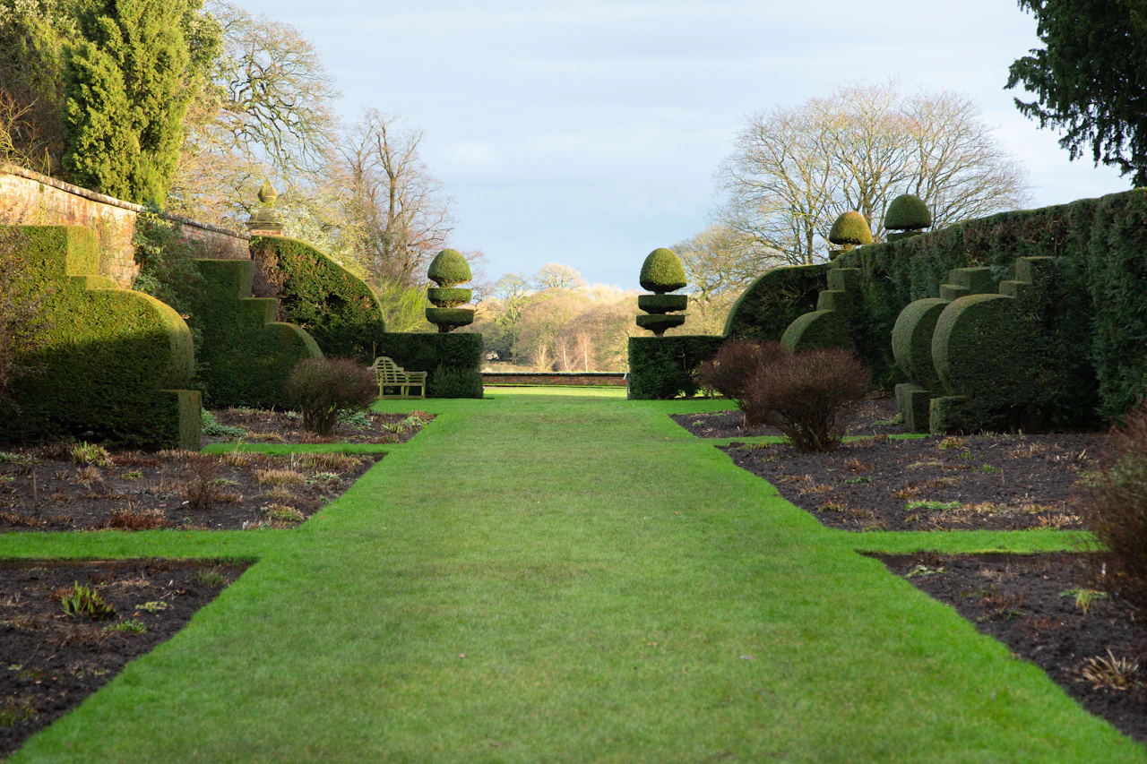 Illustrative stock photograph of a lawn bordered by trees and shrubs; not GreenPro work